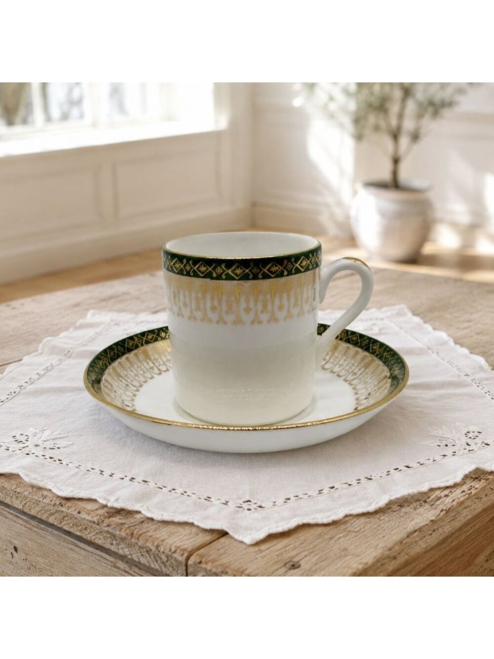 Royal Grafton Majestic Cup Saucer Set Gold Green White Vintage England